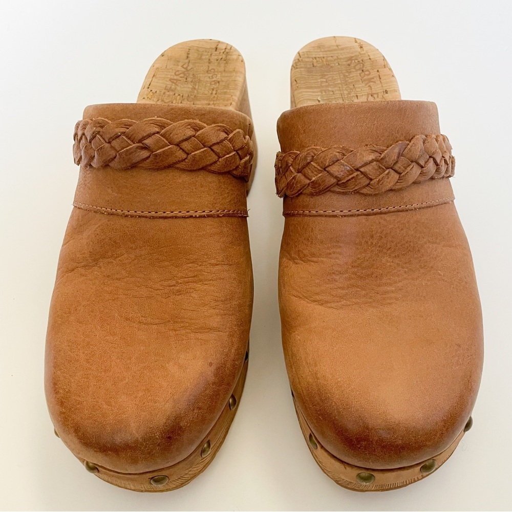Kork Ease Tilly Clogs Tan Braided Leather Studded Heeled Slip On Wood Mules - Picture 6 of 12